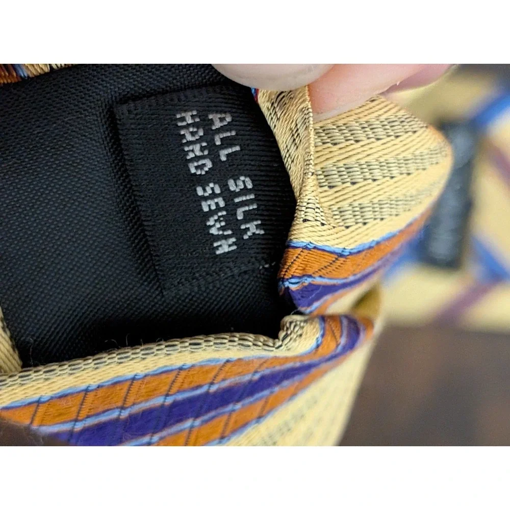 Jos A Bank Woven Silk Tie Gold‎ Blue Orange Striped 60